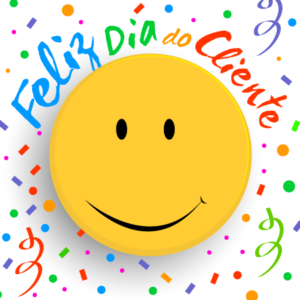 Feliz Dia do Cliente PNG para Instagram. Ilustração com o Smile, confetes e serpentinas coloridas.