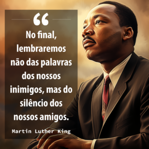 "No final, lembraremos não das palavras dos nossos inimigos, mas do silêncio dos nossos amigos" - Frase de Martin Luther King com ilustração dele pensativo, olhando para longe