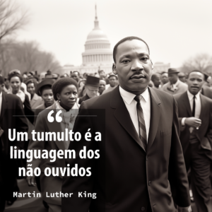 Frase de Martin Luther King com imagem de passeata, que fala sobre os "não ouvidos".