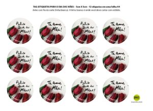 arte de tag Dia das Mães, no formato circular, com dobra, pronta para imprimir (formato  5cm X 5 cm)