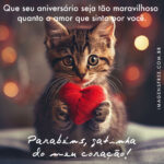 Mensagem de "Parabéns Gatinha do Meu Coração" com foto de gatinha segurando coração vermelho