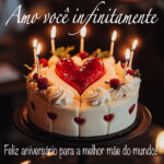 Mensagem de Aniversário para Mãe com imagem de foto de bolo de aniversário com velas acesas e coração.