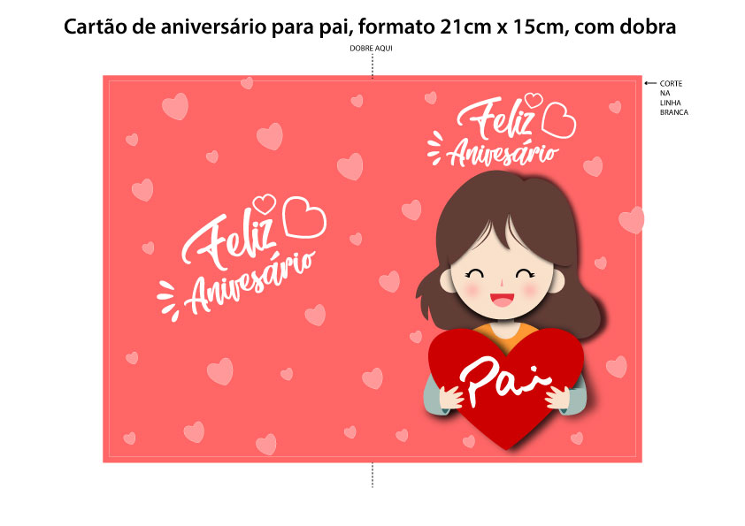 Arte de cartão de aniversário para pai em PDF de menina para pai. Ilustração de menina segurando um coração.
