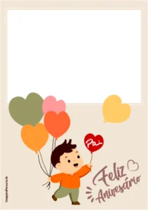 Cartão de aniversário para pai com ilustração de menino segurando balões. Ilustração em vetor, formato 10,5 cm x 15 cm