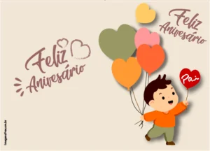 Cartão de feliz aniversário para pai com ilustração em vetor, editável, de menino segurando balões no formato de coração