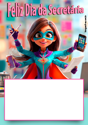 Cartão Dia da Secretária com imagem de super-herói e frase divertida. Ilustração de secretária com muitos braços