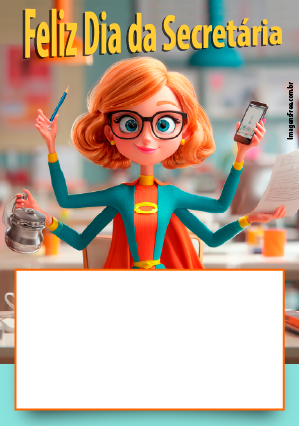 Cartão de Dia da Secretária para imprimir com ilustração estilo Pixar com personagem de super-herói e frase divertida de Feliz Dia da Secretária