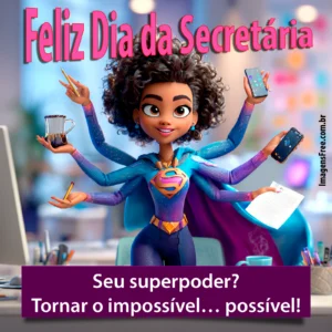 Imagem de super secretária com vários braços com objetos do seu trabalho para mostrar que ela é eficiente. Frase de Feliz dia da secretária