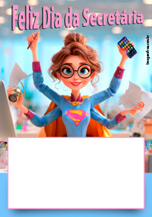 imagem de super-secretária com vários braços, cada um com um material de escritório. A imagem é para um cartão de Dia da Secretária
