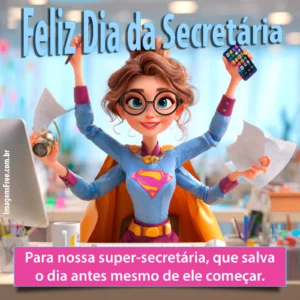 Feliz Dia da Secretária com frase e ilustração 3d de super-secretária com vários braços
