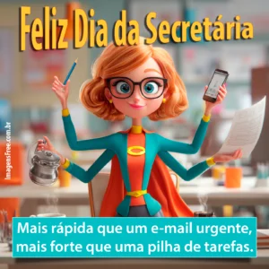 imagem de parabéns pelo dia da secretária com ilustração 3D estilo Pixar e frase de feliz dia da secretária