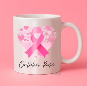 Arte Caneca Outubro Rosa para Baixar com ilustração de laço rosa e coração formado por pequenos corações.