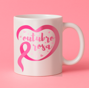 Arte caneca com laço e frase Outubro Rosa formando um coração