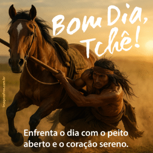 Frase de bom dia gaúcho com imagem de índio charrua com seu cavalo
