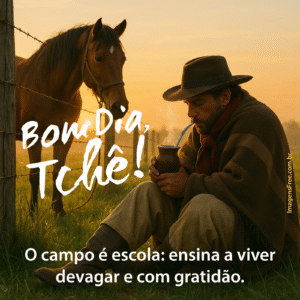 Bom dia, gaúcho, gratidão! foto de gaúcho no campo tomando um chimarrão, mate quente