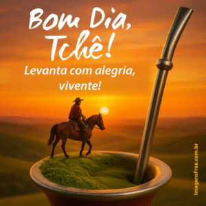 Mensagem de bom dia, tchê com foto de chimarrão com gaúcho cavalgando em cima da erva e pôr do sol ao fundo