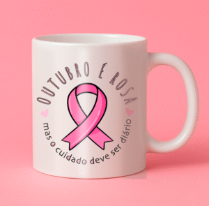 Estampa para caneca com laço e frase Outubro Rosa