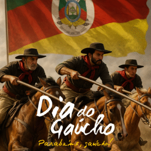 Mensagen com frase do Dia do Gaúcho de 2025 "Parabéns, Gaúcho". Imagem com lanceiros da Revolução Farroupilha