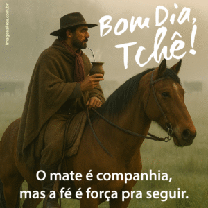 frase motivacional de bom dia gaúcho. Foto de gaúcho no seu cavalo tomando mate - chimarrão