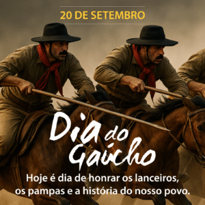 Mensagem dia do gaúcho com frase sobre honrar os lanceiros, coragem, foto dos lanceiros atacando