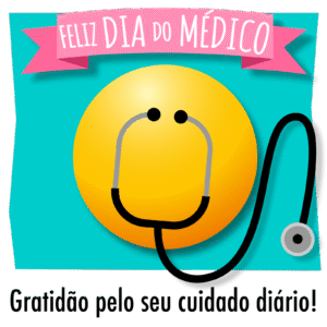 imagem Feliz Dia do Médico com frase curta e imagem de emoji. Imagem com ilustração de emoji feliz e estetoscópio. O estetoscópio forma o sorriso e os olhos do emoji.