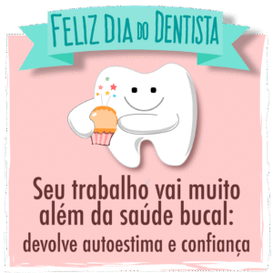 Mensagem Dia do Dentista com Frase e Imagem de Feliz Dia do Dentista. Ilustração de dente segurando um bolinho de aniversário