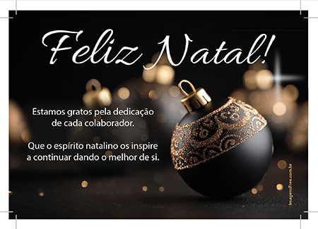Cartão de Natal para Colaborador Pronto para Imprimir com Foto de Bolinhas de Natal nas cores preta e dourada