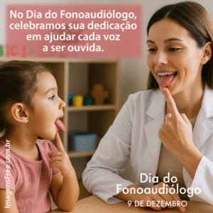 Frase curta do dia do fonoaudiólogo com imagem de fonoaudióloga atendendo uma paciente menina.