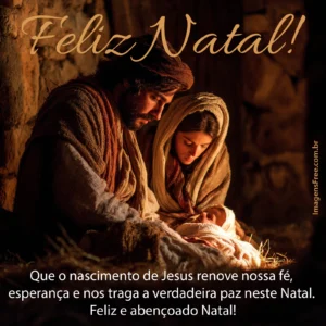 Frase de Nata com foto realista José e Maria com o Menino Jesus