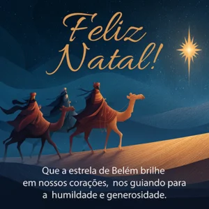Mensagens de Natal Católico com ilustração dos três reis magos seguindo a estrela de Belém no deserto