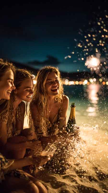 Foto de Ano Novo. Imagem de amigas estourando uma champanhe na praia, fogos no horizonte.