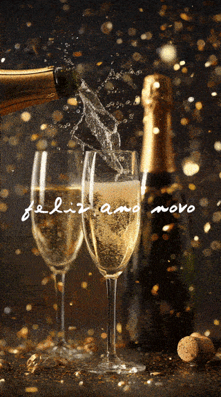 Gif animado de taças e garrafa de champanhe. Confetes dourados caem, atmosfera festiva de Ano Novo, sofisticação, elegância