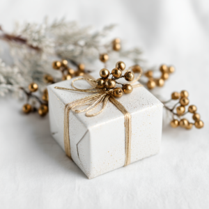 Foto de Natal para perfil elegante, simples. Foto de pacote de presente com dourado