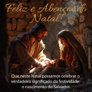 Mensagem católica Feliz e abençoado Natal com foto realista da família José, Maria e o Menino Jesus