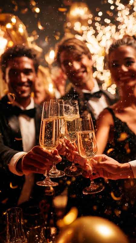 Gif de grupo de jovens elegantes, vestindo traje de gala em festa de revellion, fazem um brinde com champanhe, serpentinas e confetes dourados caem.