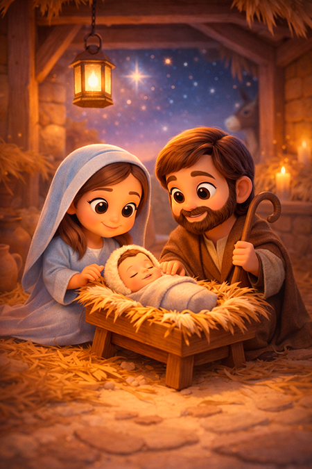 Imagem Inteligência Artificial Natal do ChatGPT, estilo Pixar, presépio de Natal com José, Maria e o Menino Jesus.