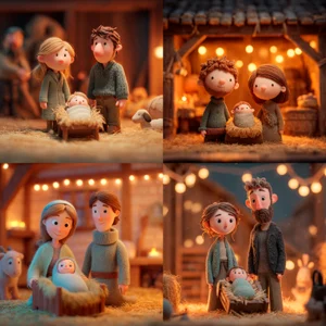 Imagem inteligência artificial Midjourney para Natal de presépio de Natal com Maria, José e o Menino Jesus. A AI mostra 4 variações