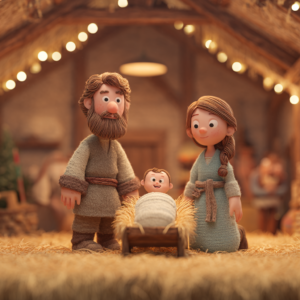 Imagem de Natal gerada pela Inteligência Artificial Midjourney. Imagem estilo Pixar, cenário presépio, personagens são José, Maria e o Menino Jesus na manjedoura.
