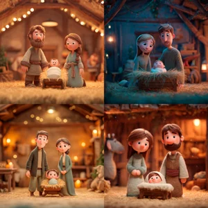 Imagem Inteligência Artificial para Natal com presépio e variações dos personagens no vestuário, cabelo.