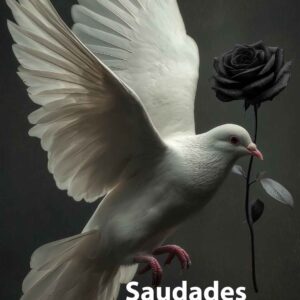 Foto de pomba branca voando com uma rosa negra no bico. Frase "Saudades Eternas"