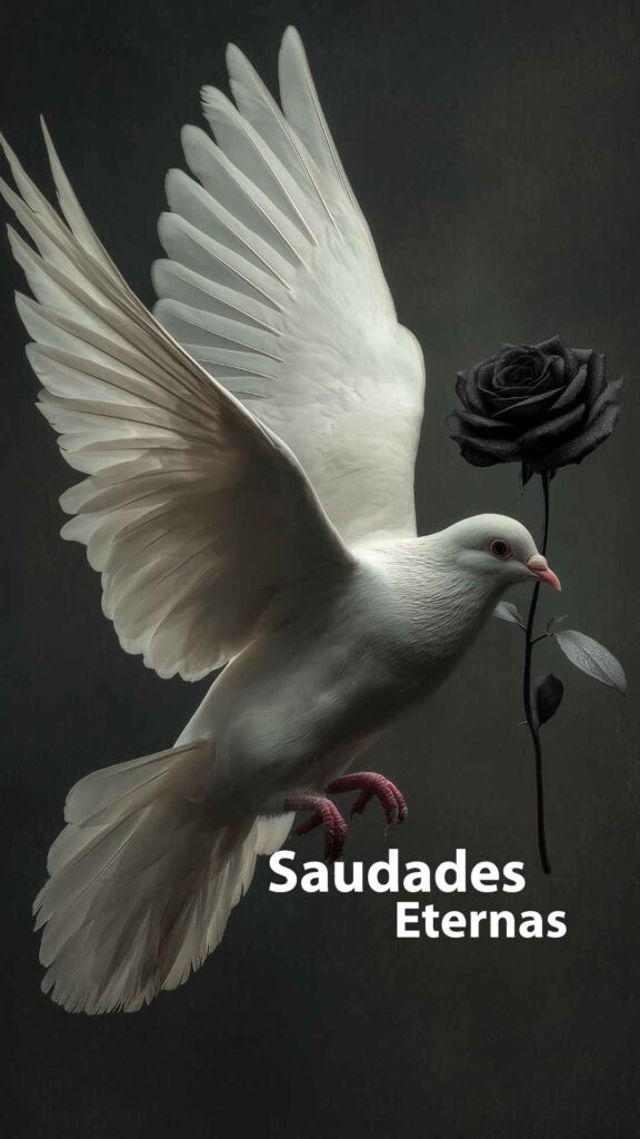 Foto de pomba branca voando com uma rosa negra no bico. Frase "Saudades Eternas"