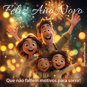 Mensagens com Frases de Feliz Ano Novo com imagem de família, estilo Pixar 3D