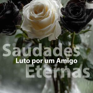 Vaso de rosas negras e uma rosa branca em uma janela. Chove do lado de fora. As flores representam a alma e o luto. Frase: "Luto por um amigo. Saudades Eternas".
