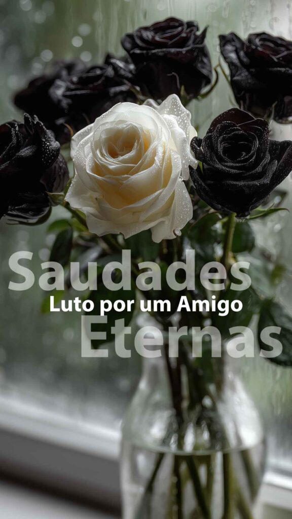 Vaso de rosas negras e uma rosa branca em uma janela. Chove do lado de fora. As flores representam a alma e o luto. Frase: "Luto por um amigo. Saudades Eternas".