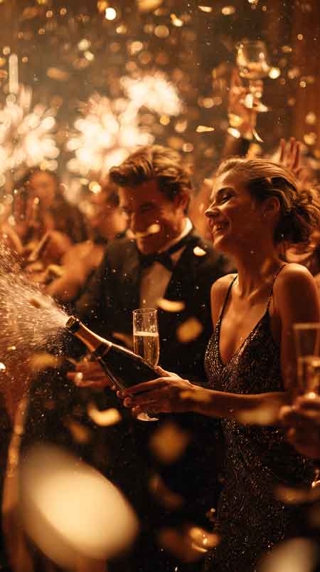 Gif de festa de virada de ano novo com jovens elegantes abrindo champanhe, alegres, confetes e serpentinas douradas caem do alto, mulher bonita ri alegremente.